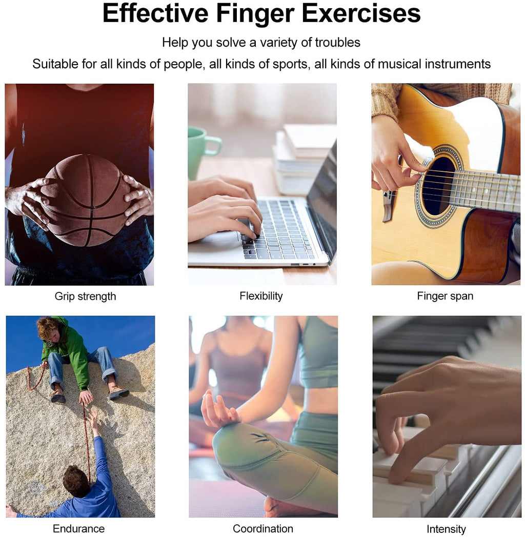 Collage showing people using hands for sports, typing, guitar, climbing, yoga, and piano to demonstrate finger exercises.