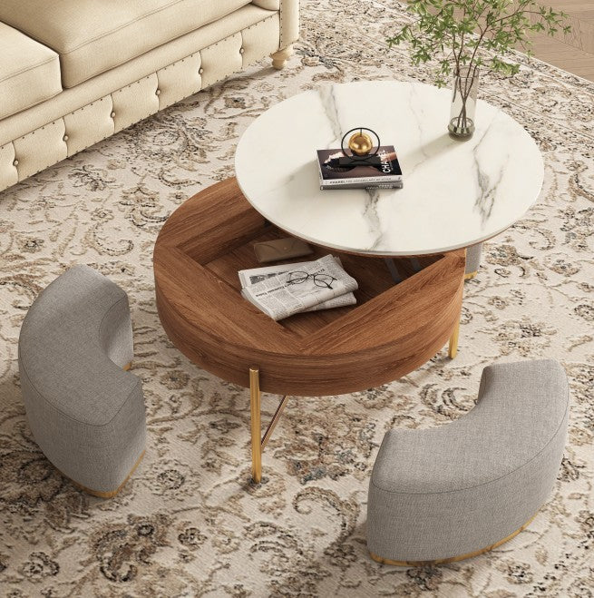 Round lift-top coffee table with marble top, wood base, storage, and three grey curved stools on gold legs.