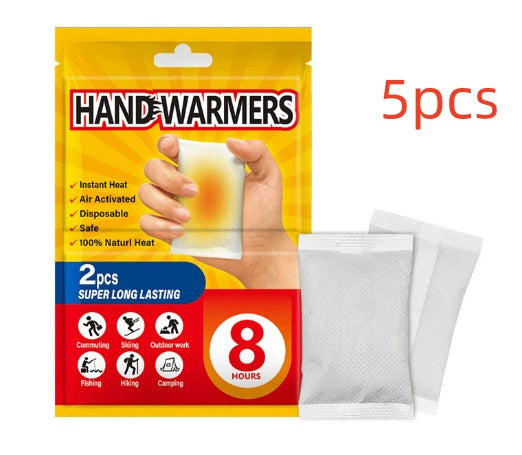 Pack of 5 white disposable, air-activated hand warmer pouches in bright yellow packaging featuring 8-hour heat duration.