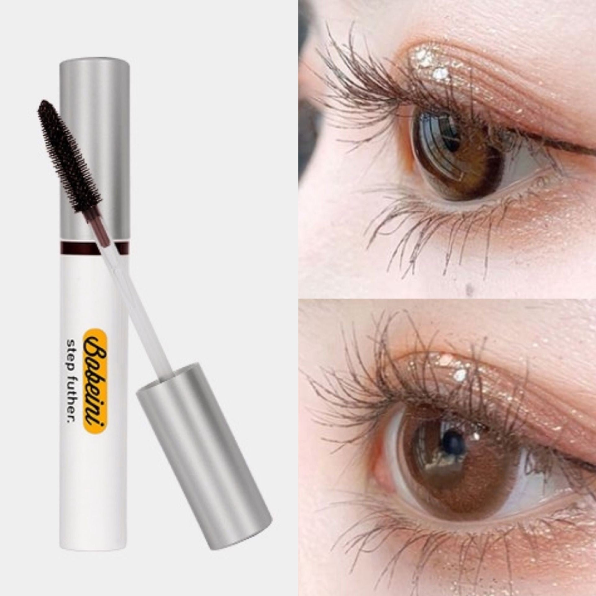 Bobeini brown waterproof mascara with brush, shown next to close-ups of long, curled lashes on a person's eye.