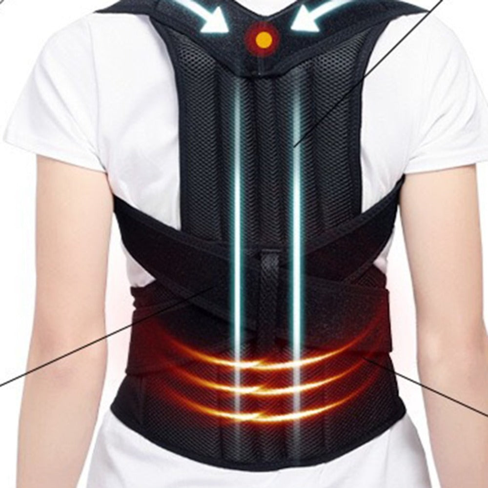 Black mesh posture corrector worn over a white shirt, showing spinal support straps and lumbar compression.