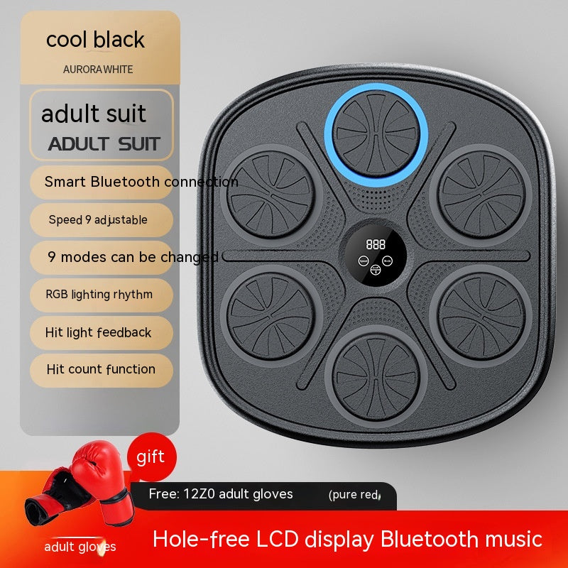 Wall-mounted black smart boxing target with five circular pads, LED display, Bluetooth connectivity, and red gloves.