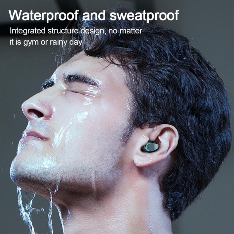 Man wearing a black mini wireless earbud with a blue glowing ring, shown in the rain. Text: "Waterproof and sweatproof."