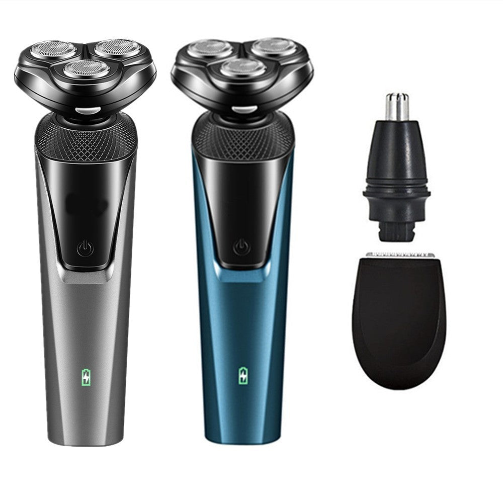 Two cordless electric rotary shavers in grey and blue, plus interchangeable nose trimmer and clipper attachments.