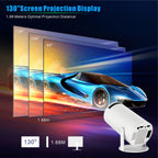 HY300 Pro white portable projector displaying a vibrant blue sports car image at various screen sizes up to 130 inches.