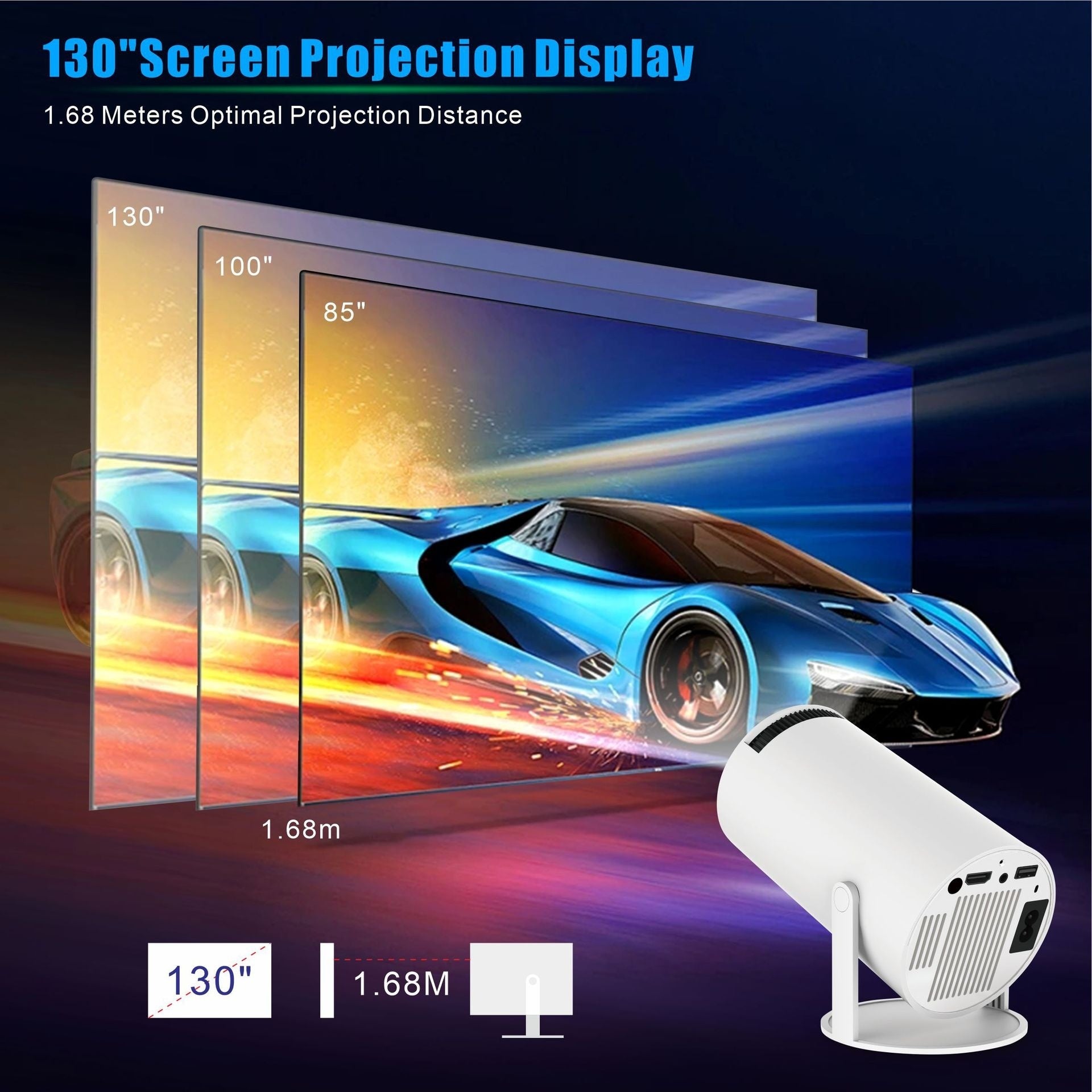 HY300 Pro white portable projector displaying a vibrant blue sports car image at various screen sizes up to 130 inches.