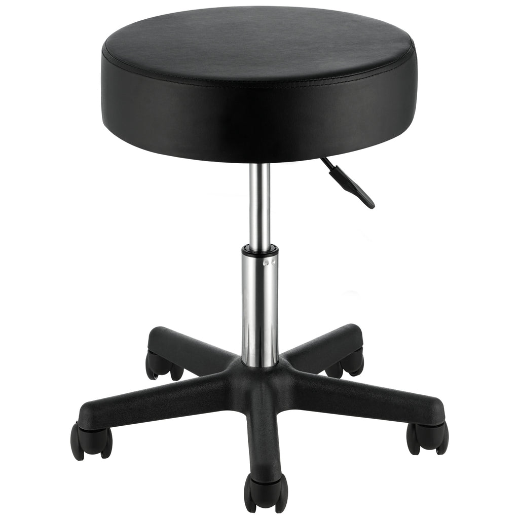 Black adjustable rolling stool with thick round cushion, chrome gas lift, and a five-caster base for mobility.