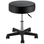 Black adjustable rolling stool with thick round cushion, chrome gas lift, and a five-caster base for mobility.