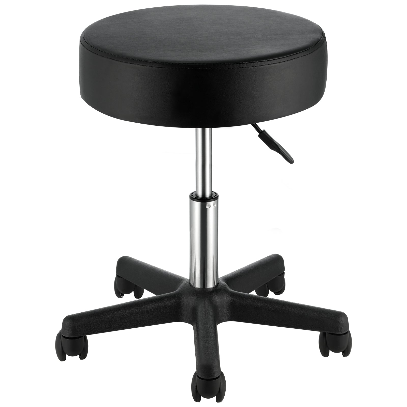 Black adjustable rolling stool with thick round cushion, chrome gas lift, and a five-caster base for mobility.