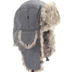 Charcoal grey waterproof trapper hat with soft, brown faux fur lining and ear flaps with an adjustable chin strap.