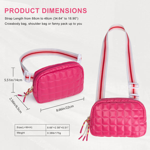 Small rose-pink quilted puffer fanny pack with a striped adjustable strap and zipper, showing product dimensions.