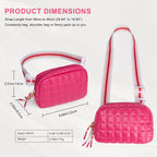 Small rose-pink quilted puffer fanny pack with a striped adjustable strap and zipper, showing product dimensions.