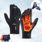 Black waterproof winter gloves with zippered cuffs, fleece lining, and non-slip palm, showing touchscreen compatibility.
