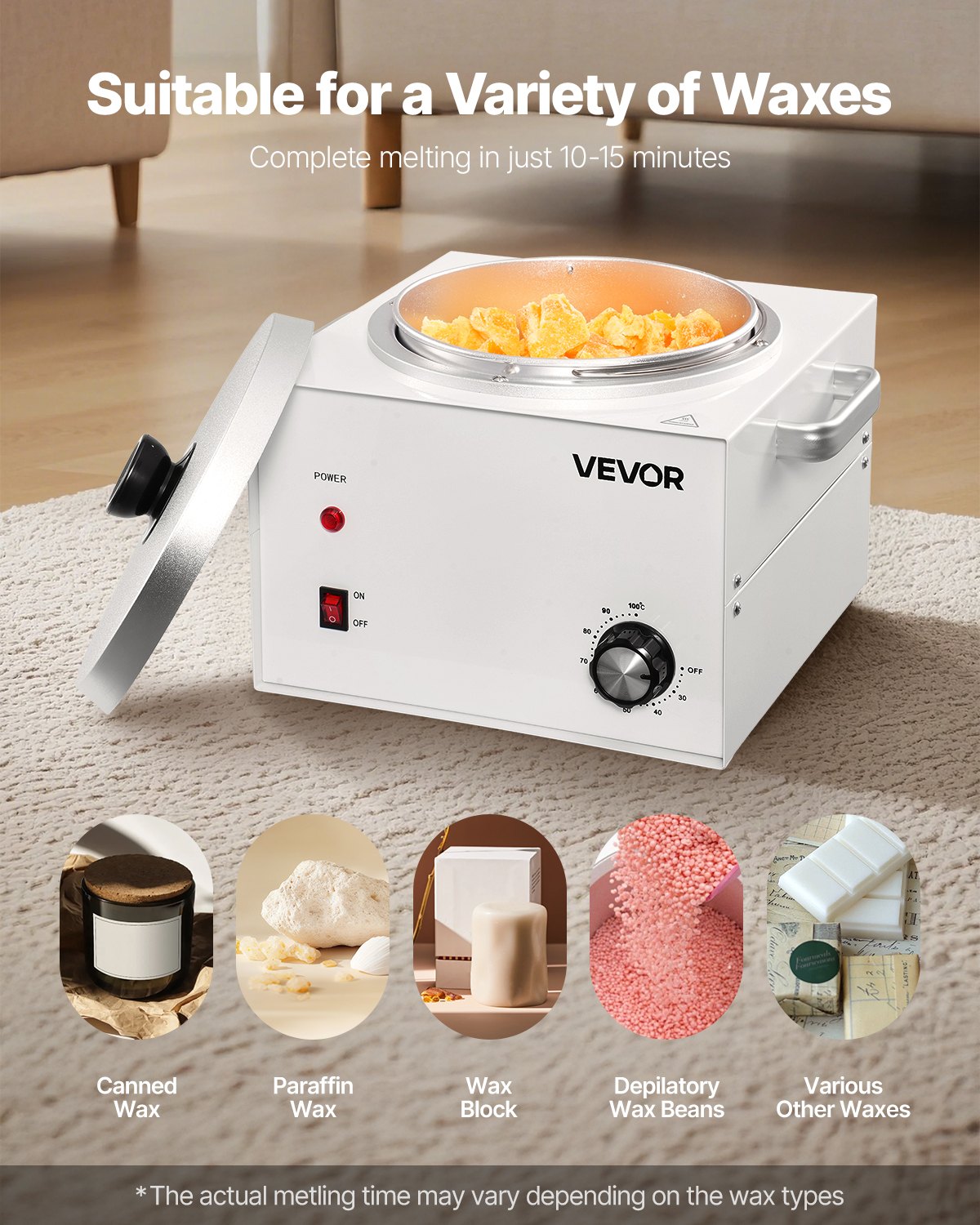 White 3000ml professional wax warmer with adjustable temperature knob, power switch, and wax-filled interior pot.
