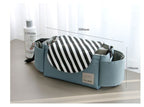 Blue fabric stroller organizer with a black-and-white striped flap, side cup holders, and labeled dimensions.