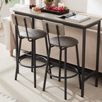 Grey bar table set with two stools featuring soft PU seats, backrests, and black metal frames.