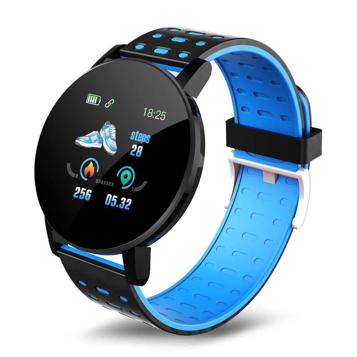 Digitaldistribution375 fitness tracker: black and blue perforated silicone strap with a round, digital display interface.