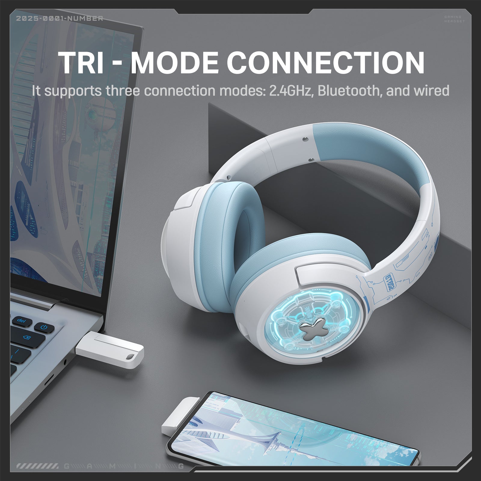 White and light blue over-ear wireless gaming headset with glowing circular accents, shown next to a laptop and phone.