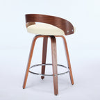 Swivel bar stool with a beige cushioned seat, wood backrest and legs, and a circular chrome footrest.