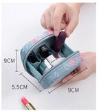 Small blue fabric makeup bag with a pink leaf print, interior compartments, and 9x9x5.5cm dimensions.