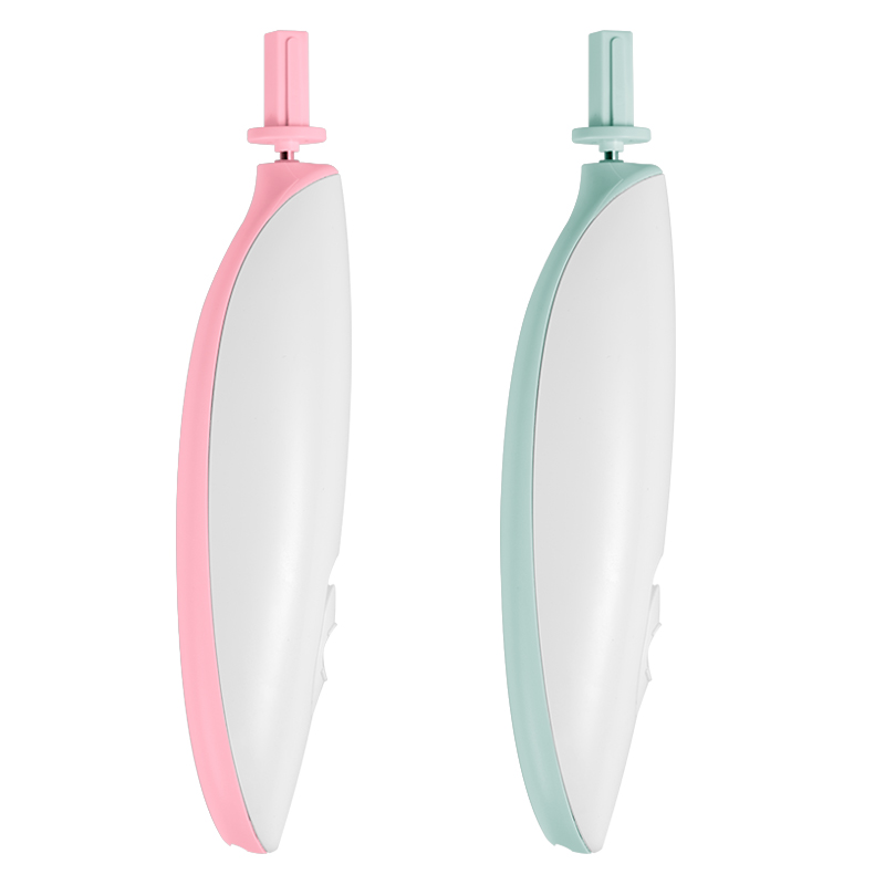 Two Digitaldistribution375 electric makeup brush cleaners, one pink and one mint, featuring white ergonomic bodies.