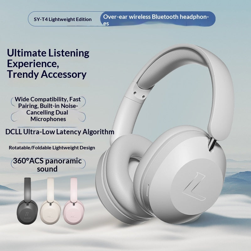 Lightweight, matte white wireless over-ear Bluetooth headphones with foldable design and noise-canceling microphones.