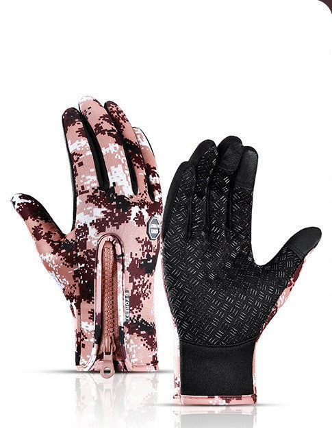 Pink camo touchscreen gloves with fleece lining, zippered wrist, and black textured non-slip palms.