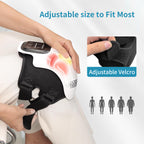 White and black electric knee massager with Velcro straps, digital display, and heating feature on a person's leg.