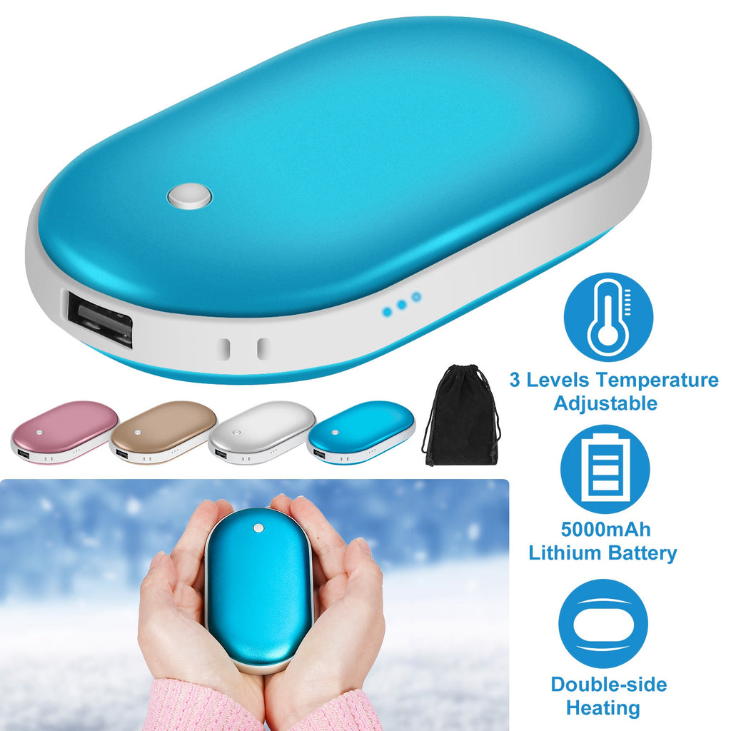 Blue 5000mAh rechargeable hand warmer/power bank with USB port, indicator lights, heating settings, and travel pouch.