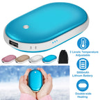 Blue 5000mAh rechargeable hand warmer/power bank with USB port, indicator lights, heating settings, and travel pouch.