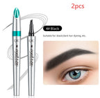 Two QIC black four-prong liquid eyebrow pencils with a metallic silver finish, shown with a filled-in eyebrow result.