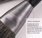 BEILI makeup brush with a brushed silver aluminum ferrule and dark bristles, featuring text about aluminum quality.