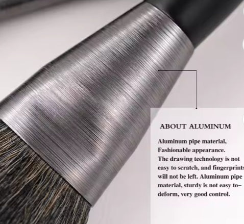 BEILI makeup brush with a brushed silver aluminum ferrule and dark bristles, featuring text about aluminum quality.