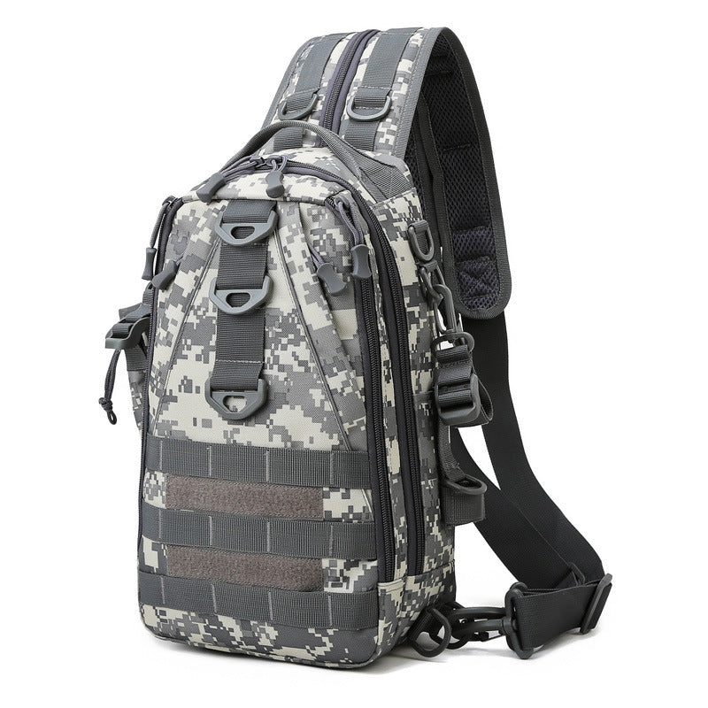 Digitaldistribution375 digital camo sling backpack with multi-layer compartments, MOLLE webbing, and padded straps.