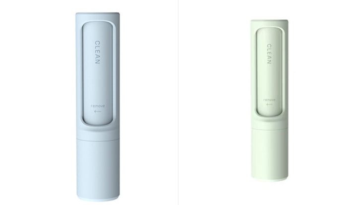 Two portable, self-cleaning lint rollers in light blue and mint green, featuring "CLEAN" and "remove" text labels.