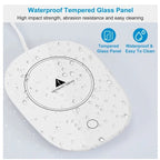 White electric mug warmer with waterproof tempered glass surface, featuring a heat warning icon and touch power button.