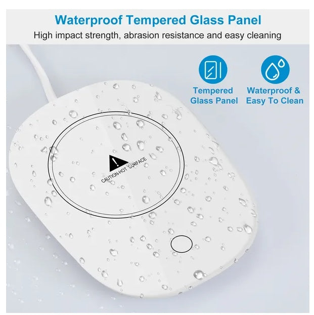 White electric mug warmer with waterproof tempered glass surface, featuring a heat warning icon and touch power button.