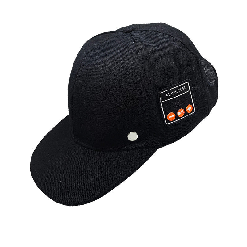 Black baseball cap with built-in Bluetooth music control panel featuring orange buttons, side mesh, and silver rivet.