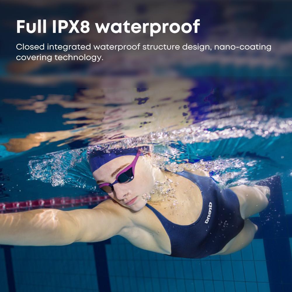 Swimmer wearing IPX8 waterproof bone conduction headphones with 32G storage in a pool, promoting nano-coating technology.