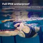 Swimmer wearing IPX8 waterproof bone conduction headphones with 32G storage in a pool, promoting nano-coating technology.