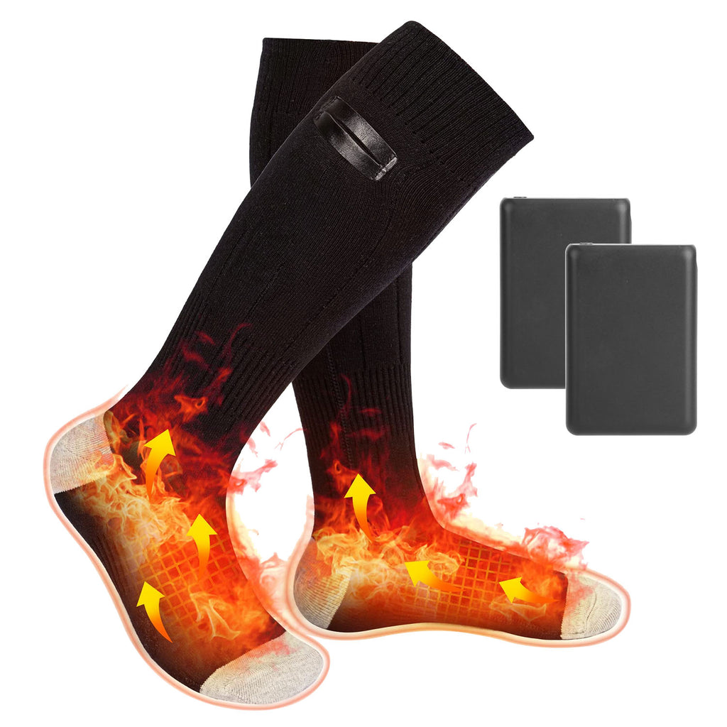 A pair of black knit electric heated socks with glowing heat visuals and two small rectangular rechargeable batteries.