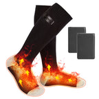 A pair of black knit electric heated socks with glowing heat visuals and two small rectangular rechargeable batteries.