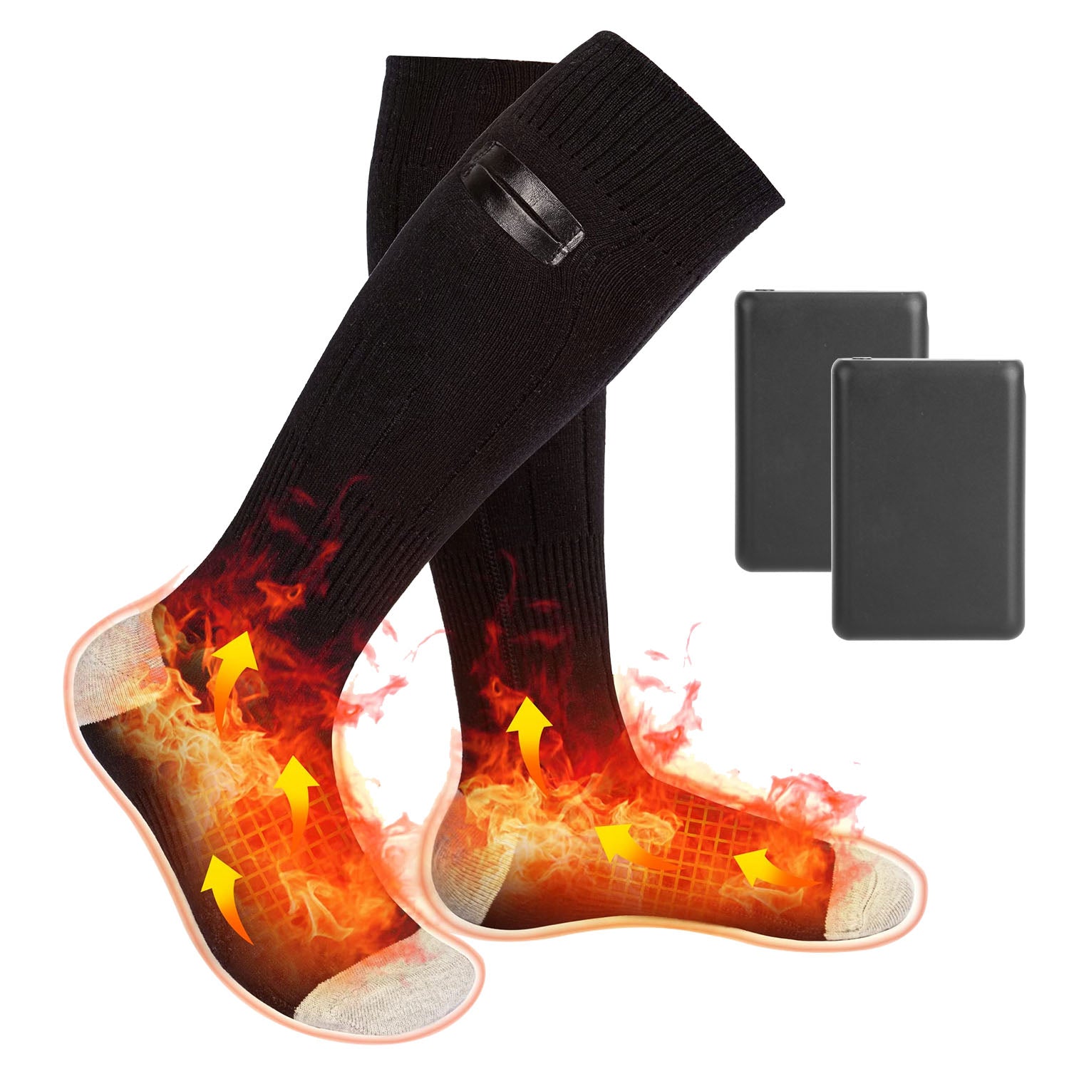A pair of black knit electric heated socks with glowing heat visuals and two small rectangular rechargeable batteries.