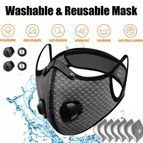 Grey mesh reusable half-face mask with dual black exhalation valves, elastic straps, and multiple replacement filters.