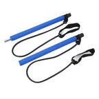 Two chest expander bars with blue foam grips, black resistance bands, and fabric foot straps on a white background.