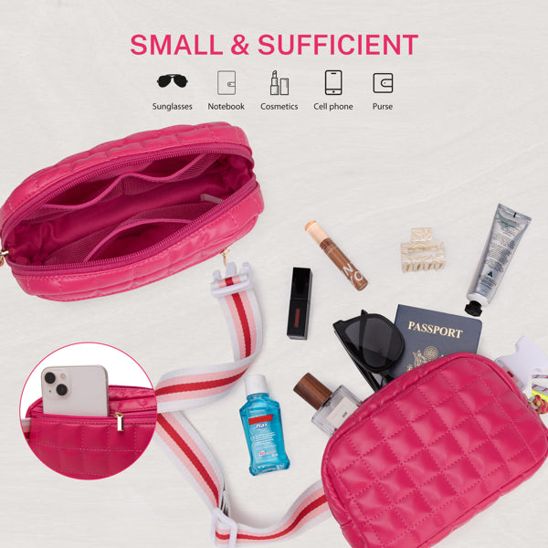 Small rose pink quilted belt bag with adjustable striped strap, shown open with travel essentials and interior pockets.