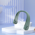 Green, U-shaped wearable neck fan with air vents, displayed on white platforms against a blue background.