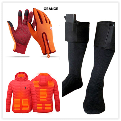 Orange waterproof touch-screen gloves, black battery-heated socks, and a red heated puffer jacket with visible coils.