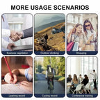 Six photos showing the L8 camera used for business, hiking, shopping, studying, cycling, and conferences.