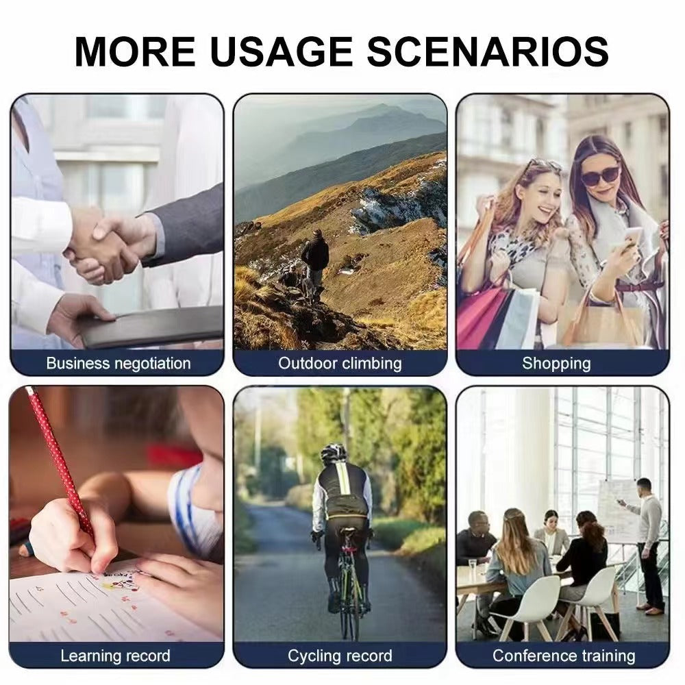 Six photos showing the L8 camera used for business, hiking, shopping, studying, cycling, and conferences.